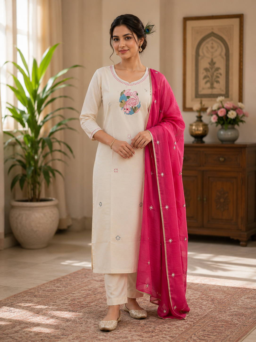 Elegant Off-White Pure Khadi Cotton Embroidered Suit Set with Rani Pink Dupatta