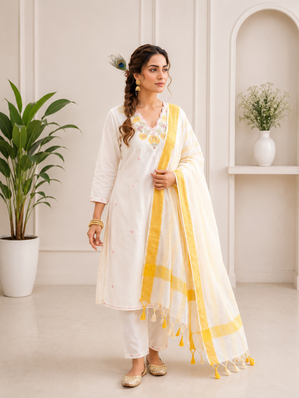 Pure Khadi Cotton Multi-Thread Embroidered Kurta Pant Set with Dupatta
