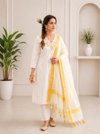 Pure Khadi Cotton Multi-Thread Embroidered Kurta Pant Set with Dupatta