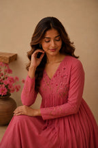 Elegant Pink Floral embroidery Anarkali Style suit Set