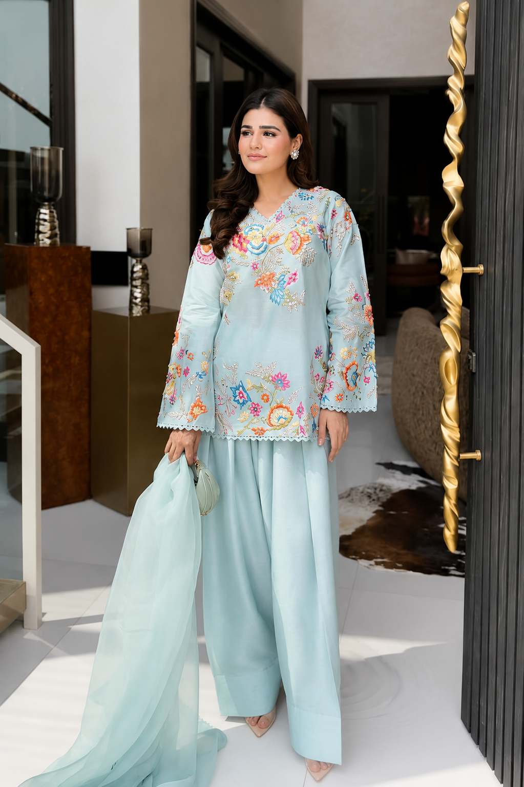 Elegant Modern Ice Blue Embroidered Crape Silk Suit Set with Organza Dupatta