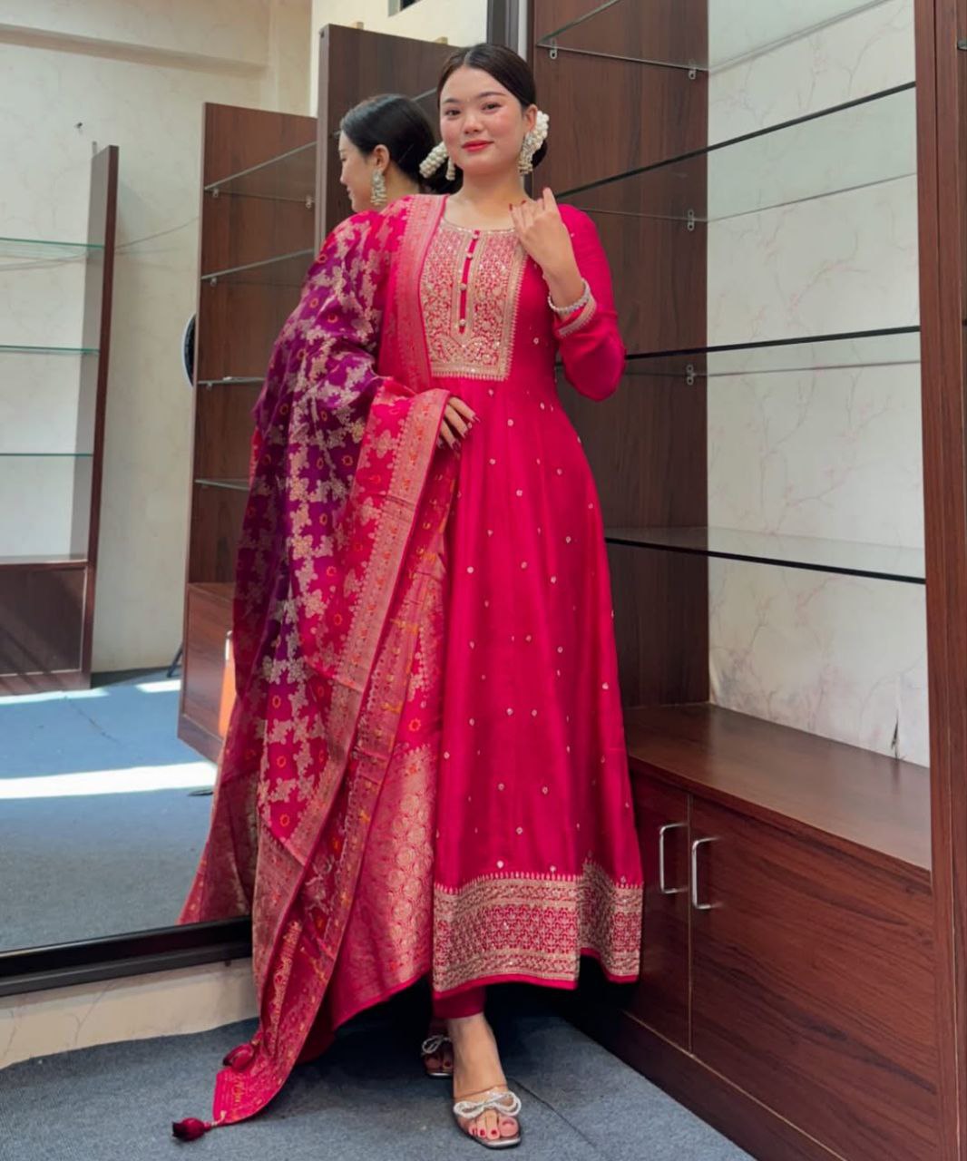 MOST PLEASING BANANA SILK ANARKALI STYLE SUIT SET