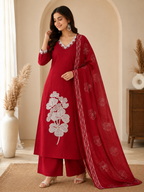 Very Beautiful Red Floral Embroidered Cotton Suit Set