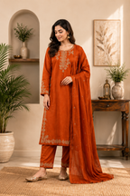Elegant Orange Embroidered Roman Silk Suit Set with Dupatta