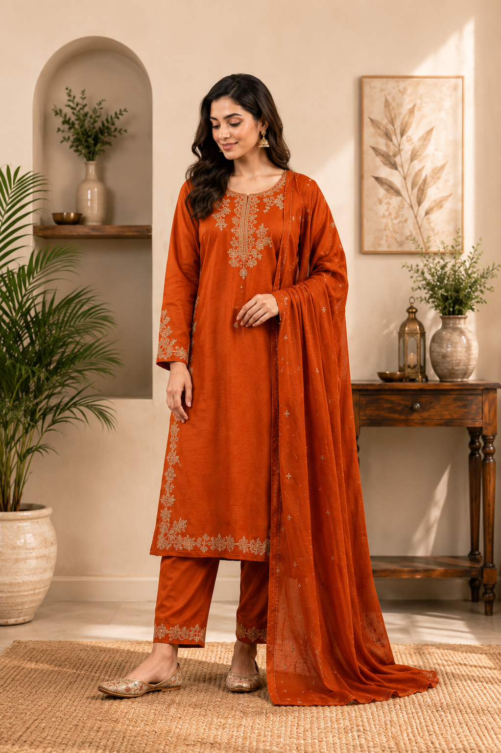 Elegant Orange Embroidered Roman Silk Suit Set with Dupatta
