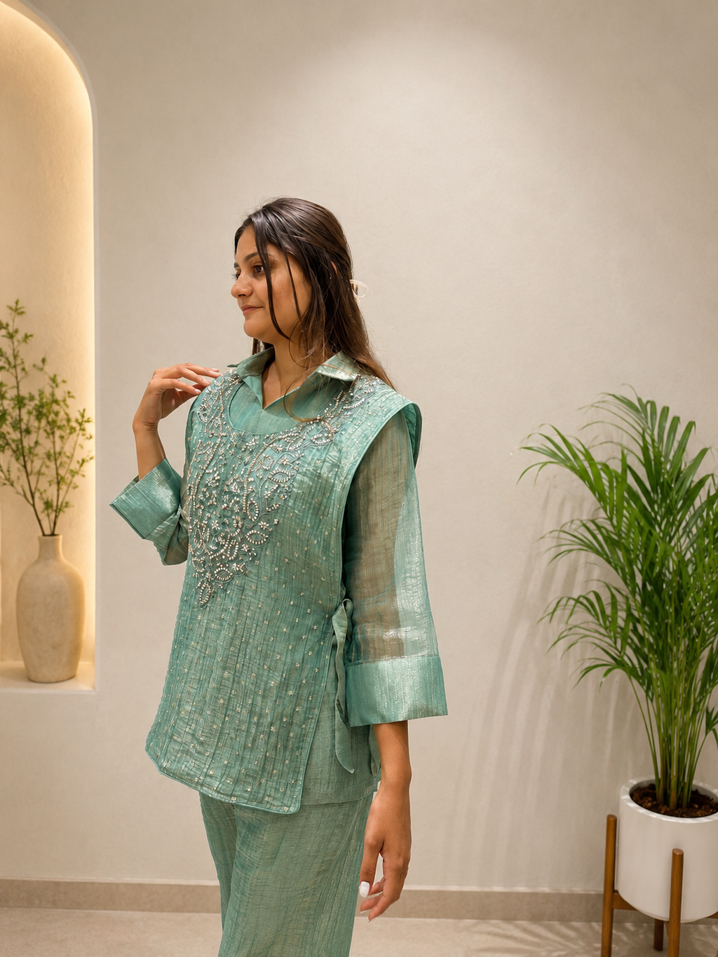 Very Beautiful Sage Green Salsa Silk HandWork Co-Ord Set