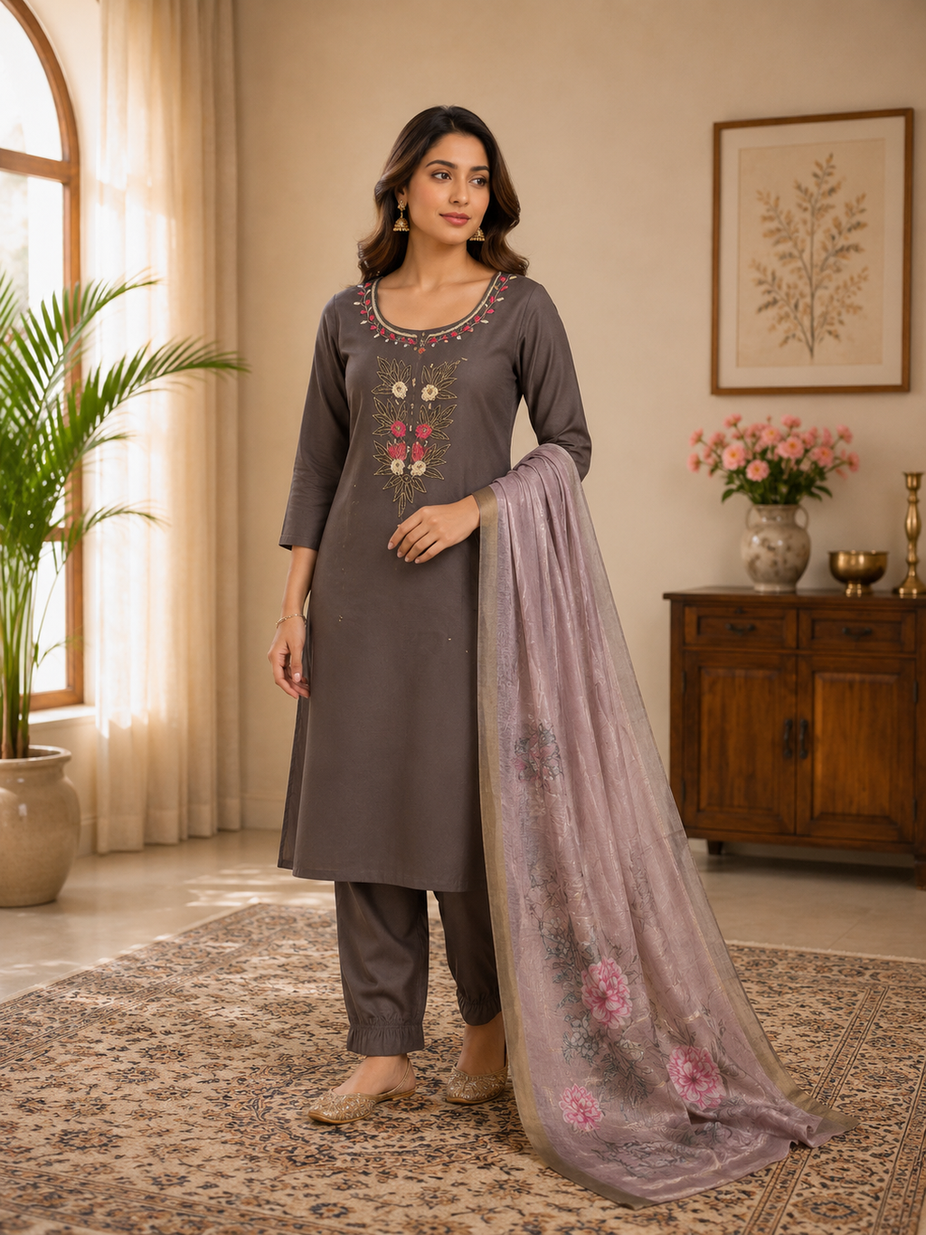 Brown Premium Mul Chanderi Hand Work Suit Set With Floral Dupatta
