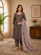 Brown Premium Mul Chanderi Hand Work Suit Set With Floral Dupatta