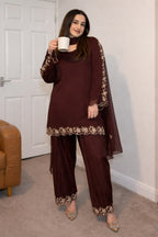Stylish Brown Faux Georgette Embroidered Suit Set with Dupatta