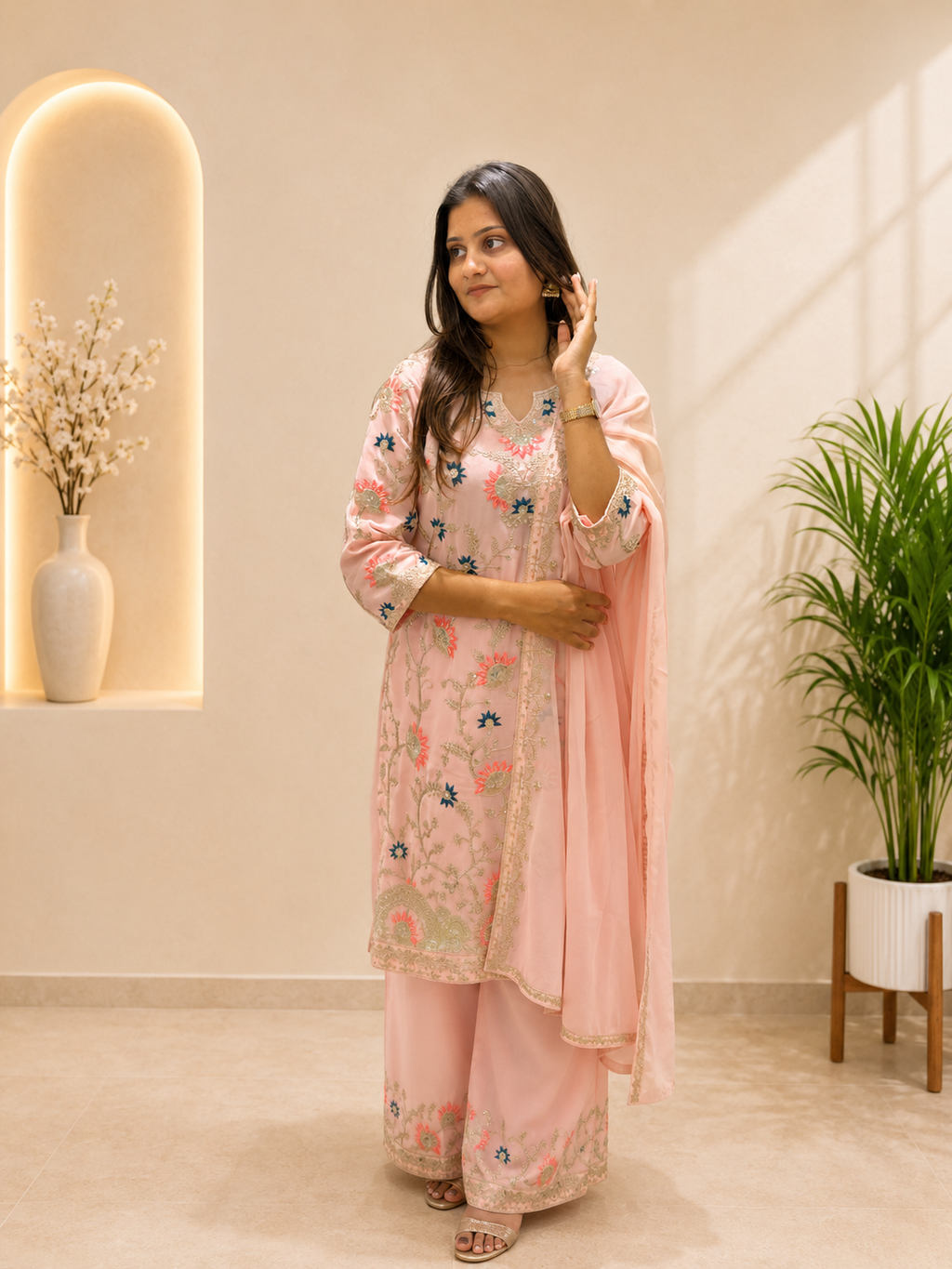 Premium Designer Pink Georgette Embroidery Suit Set
