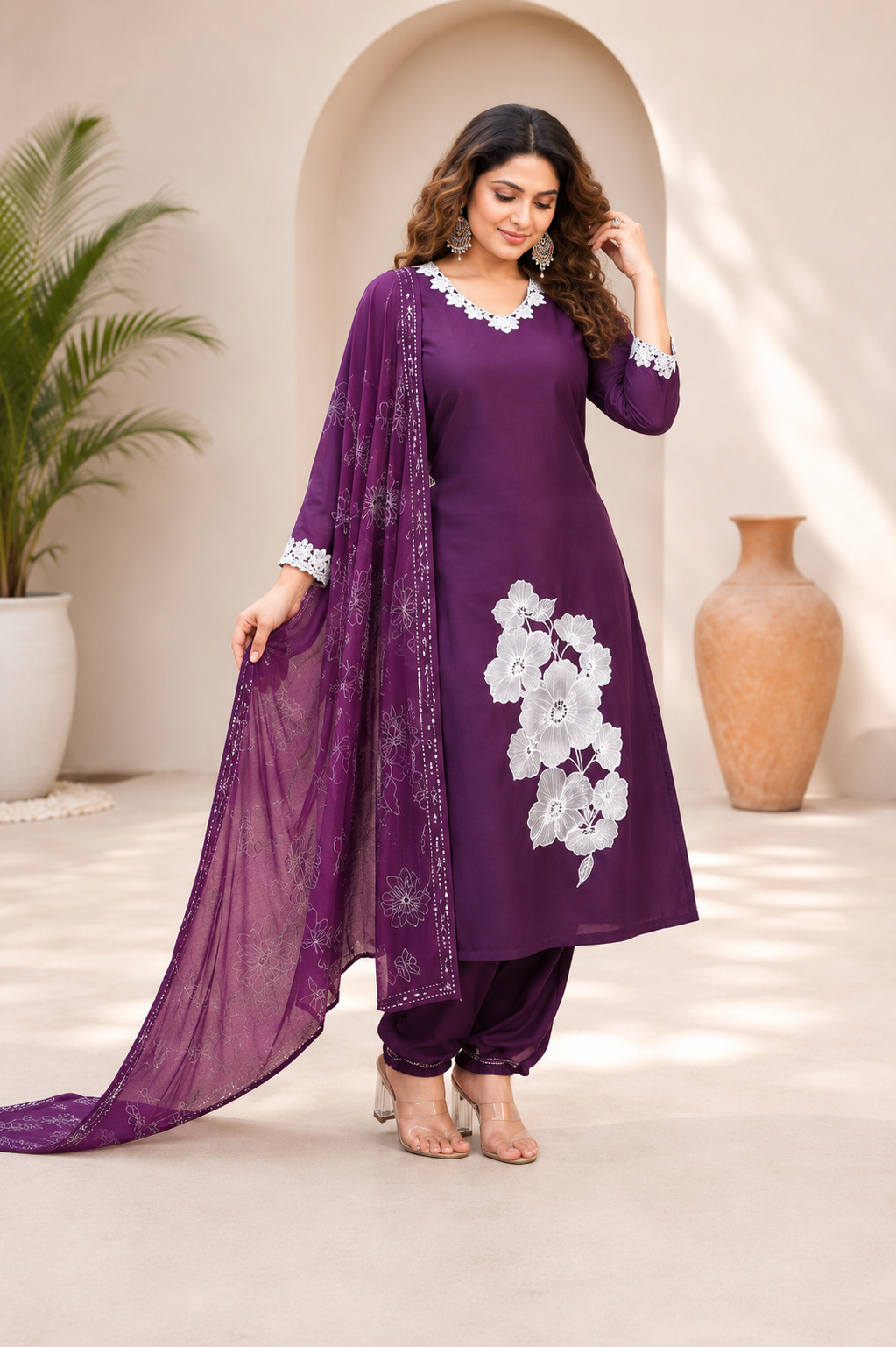 Very Attractive Royal Purple Floral Embroidered Cotton Suit Set