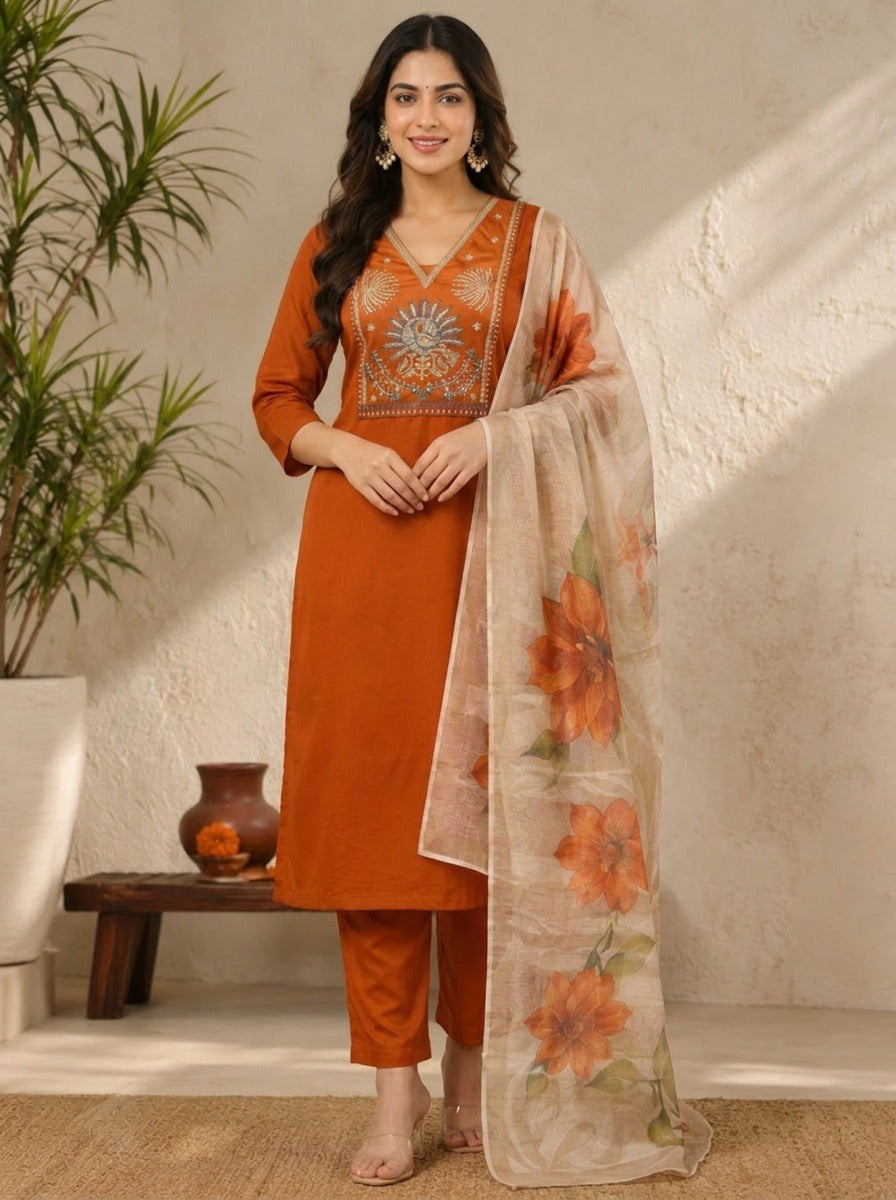 Elegant Rust Premium Roman Silk Embroidered Suit Set with Floral Dupatta