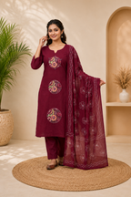 Wine Pure Cotton Embroidery Kurta Pant Set With Mandala Patchwork