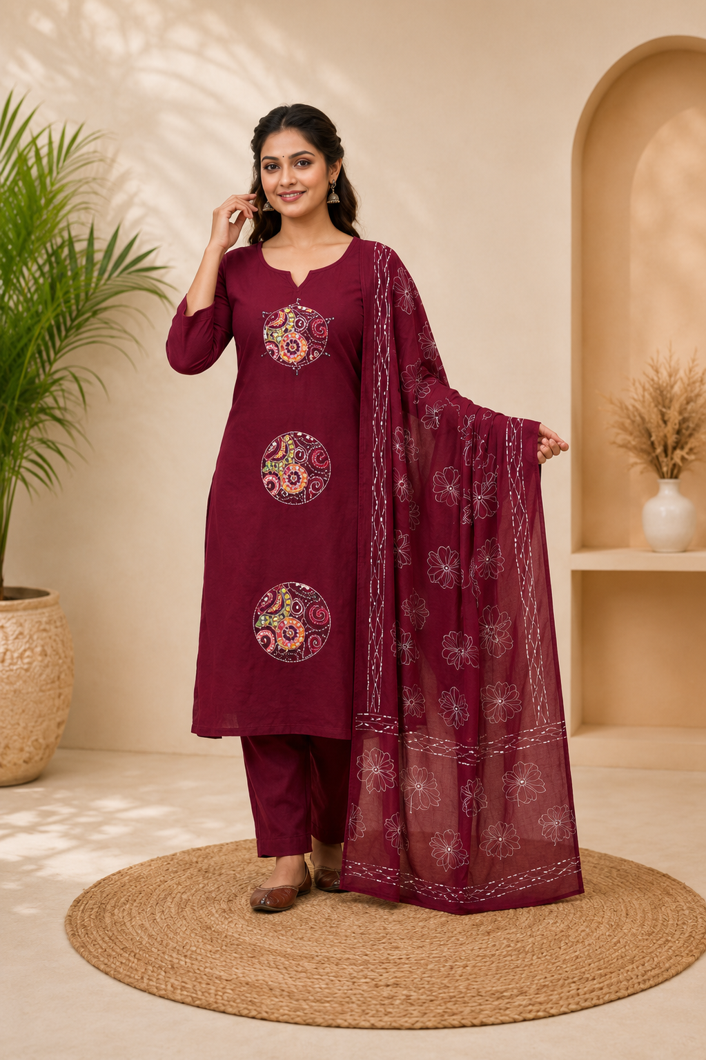 Wine Pure Cotton Embroidery Kurta Pant Set With Mandala Patchwork