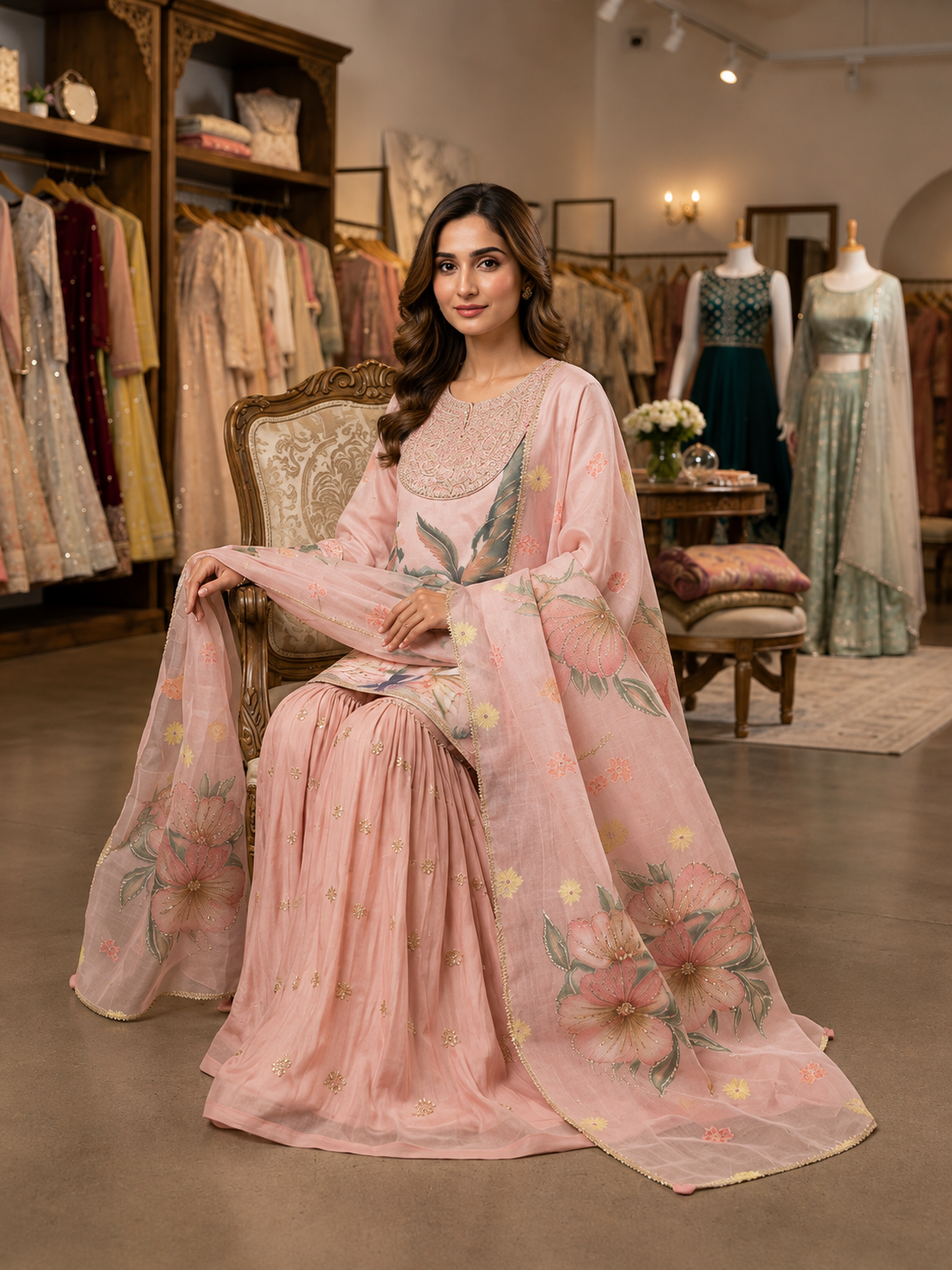 Elegant Blush Pink Sequence Embroidery Soft Organza Sharara Suit Set