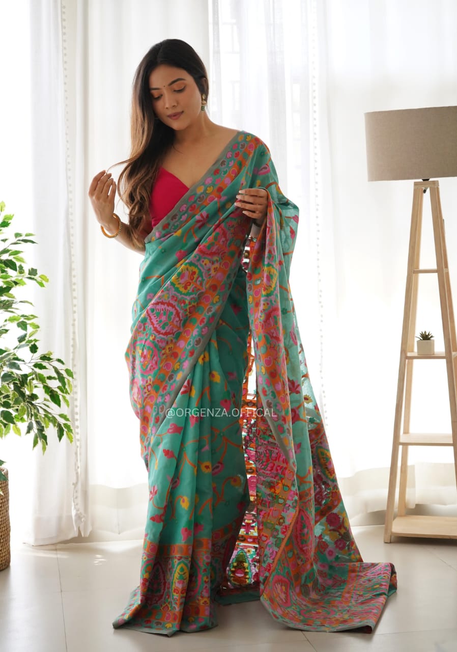 Women's Designer Pure Soft Kashmiri Pasmina Kachi Work Saree