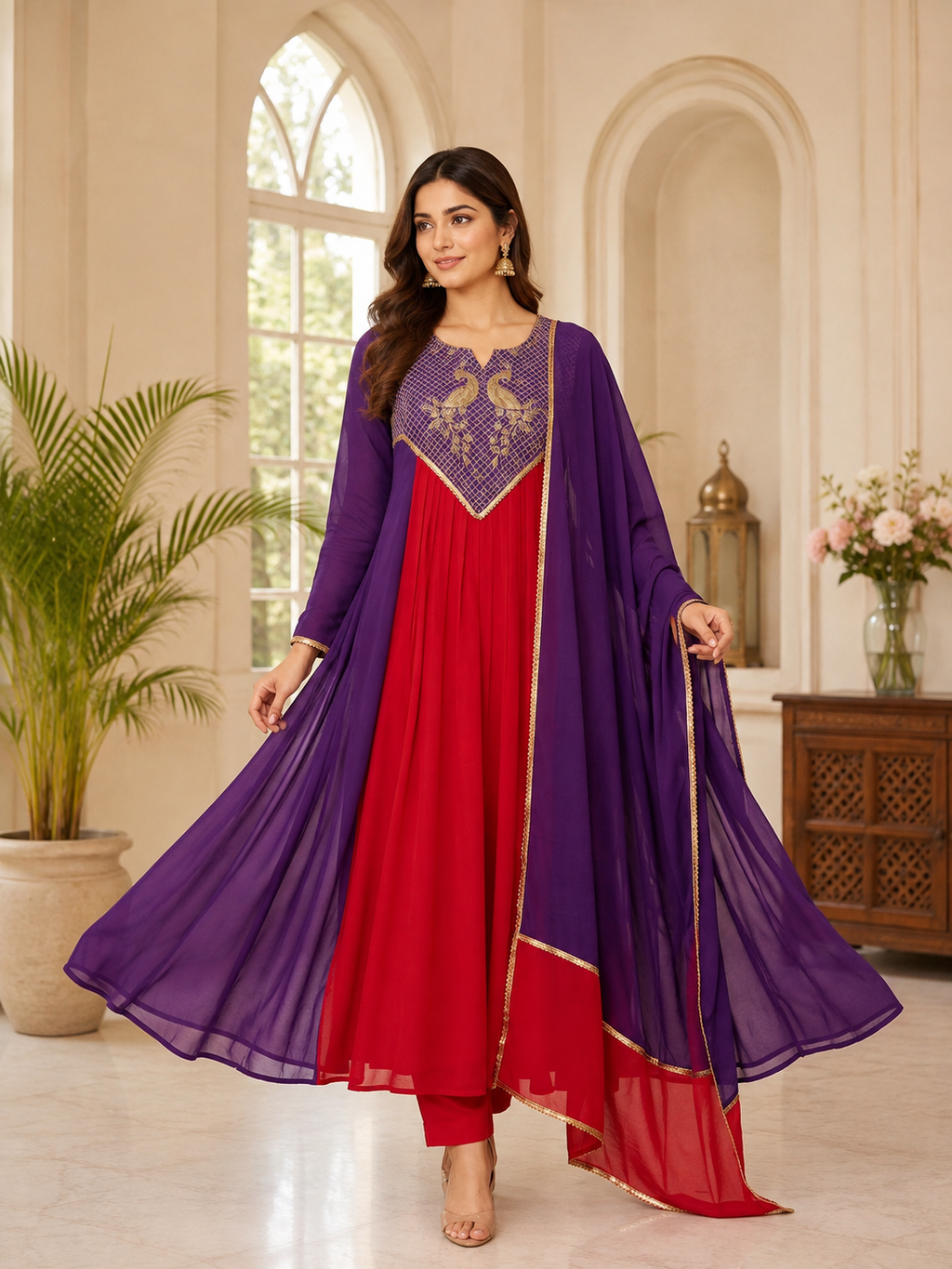 Festive Sequence Embroidered Mul Chanderi Anarkali Suit Set