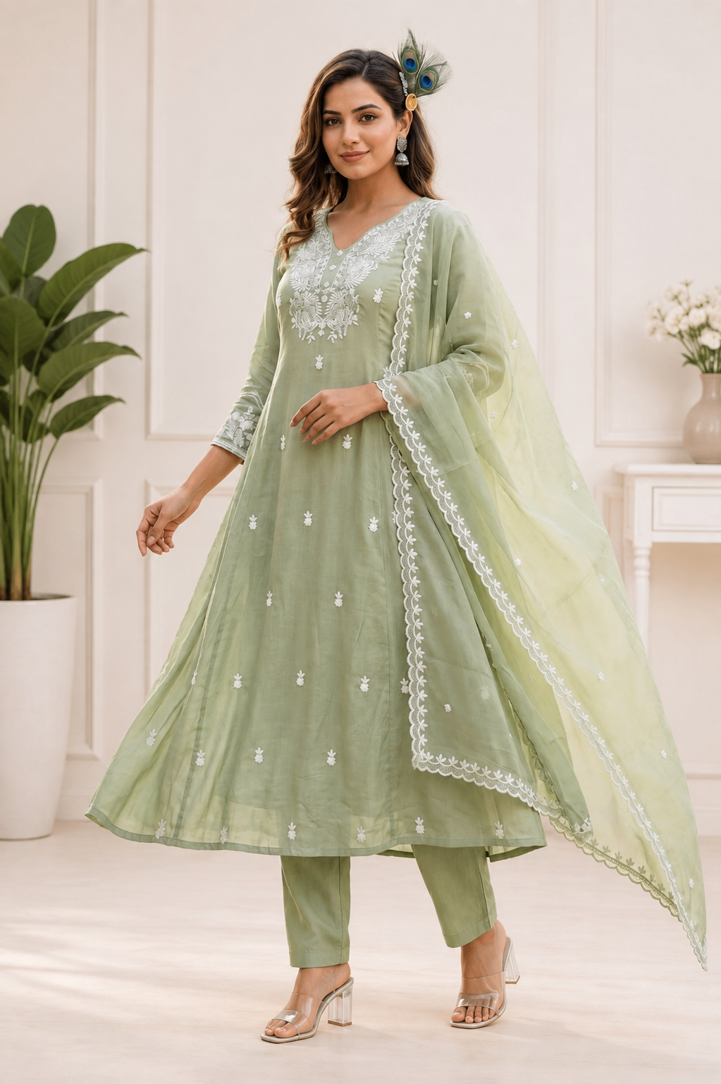 Pista Green Pure Mul Chanderi Embroidered A-Line Suit Set with Dupatta