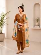 Very Attractive Brown Hand Embroidered Mul Chanderi Ethnic Suit Set