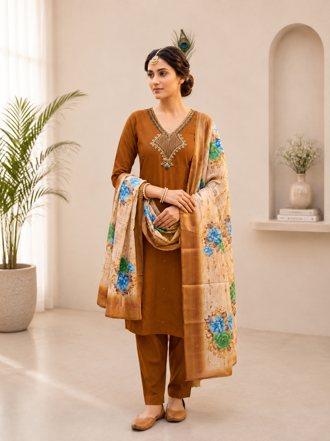 Very Attractive Brown Hand Embroidered Mul Chanderi Ethnic Suit Set