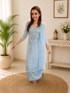Attractive Blue Crunchy Silk Sequence Embroidery Anarkali Suit Set
