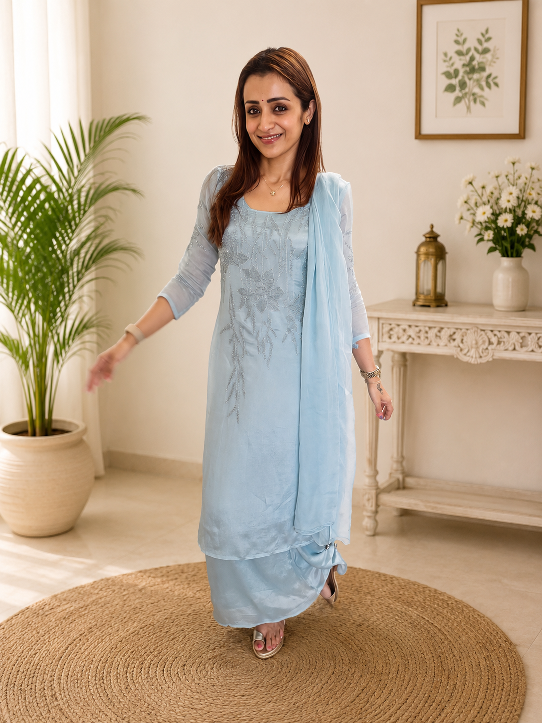 Attractive Blue Crunchy Silk Sequence Embroidery Anarkali Suit Set