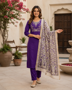 Premium Roman Silk Embroidered Suit Set with Kalamkari Dupatta