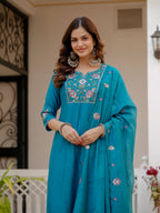 Very Attractive Firozi  Pure Viscose Mango Silk Embroidered Kurta Set with Dupatta