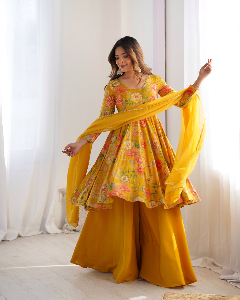 Sunshine Bloom Printed Roman Silk Kurta Palazzo Set with Dupatta