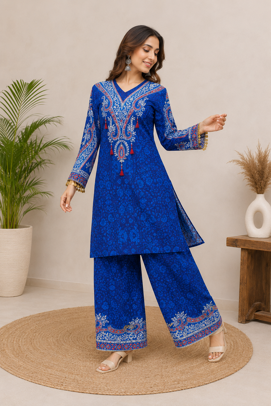 Designer Royal Blue Printed Crepe Silk Co-ord Set With Yoke Tassels