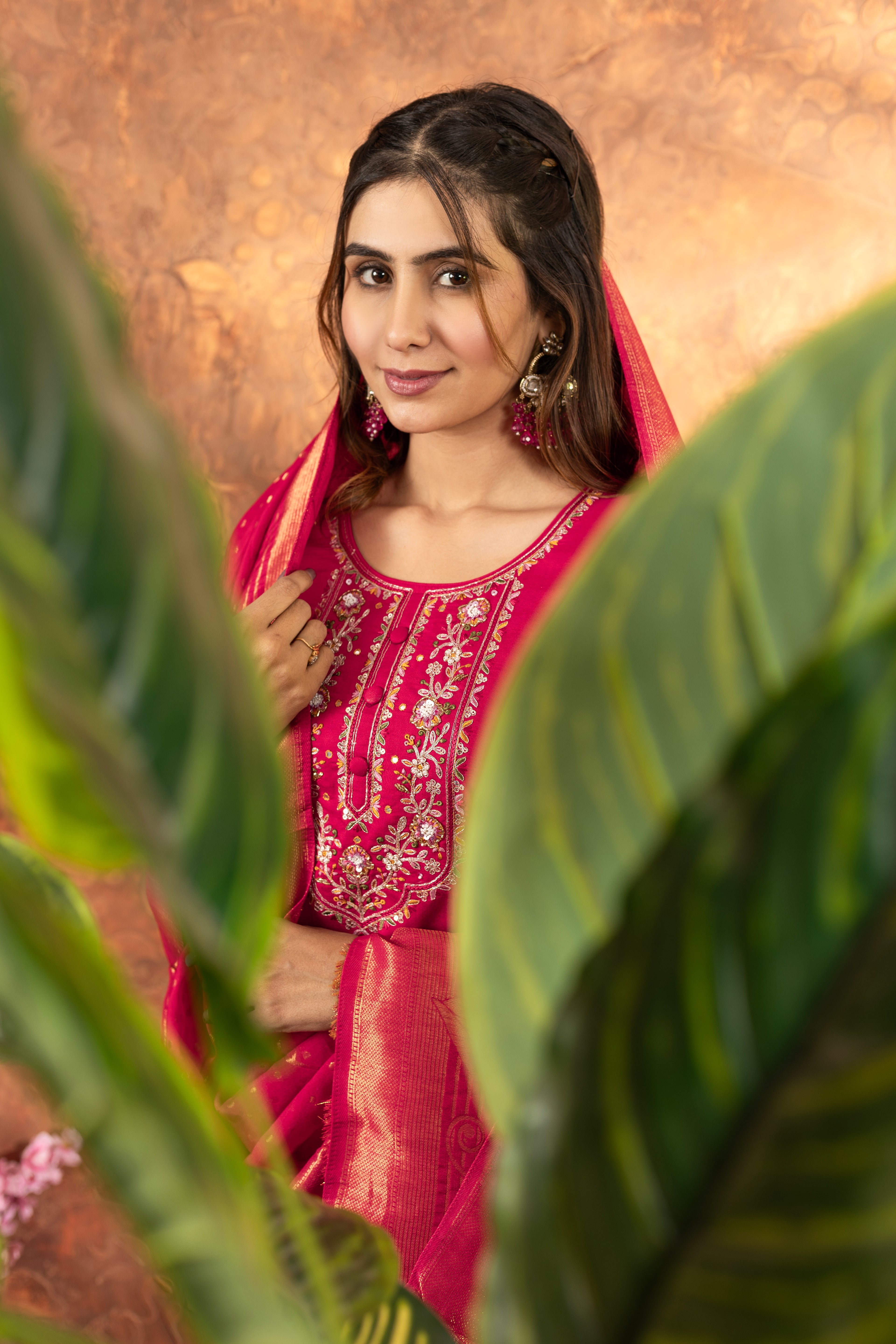 Designer Rani Pink Embroidered Marina Silk Suit