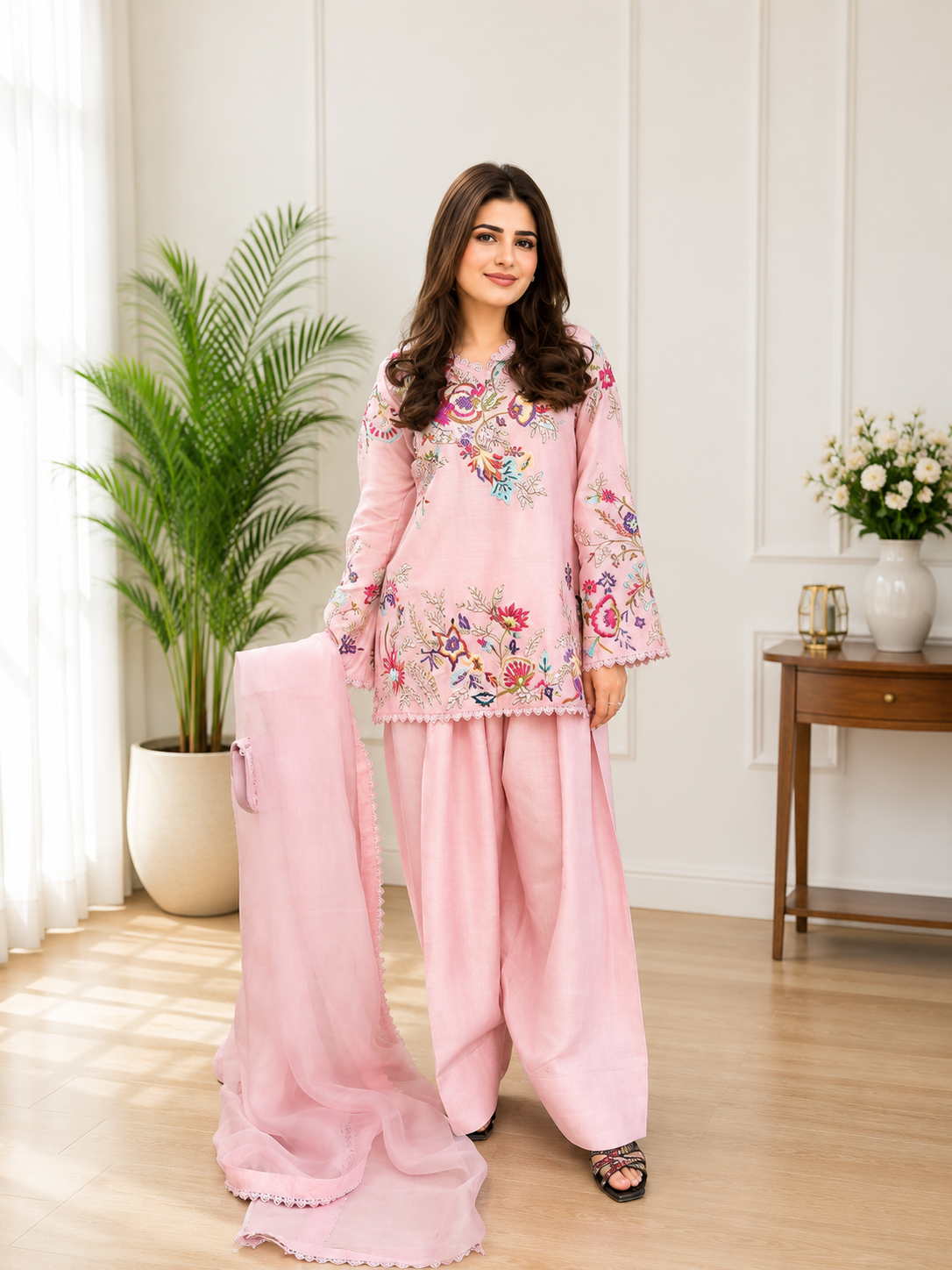 Beautiful Modern Pink Embroidered Crape Silk Suit Set with Organza Dupatta