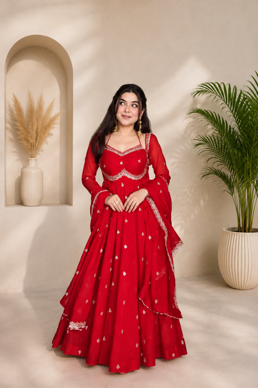 Neha Elegant Red Faux Georgette Anarkali Suit Set