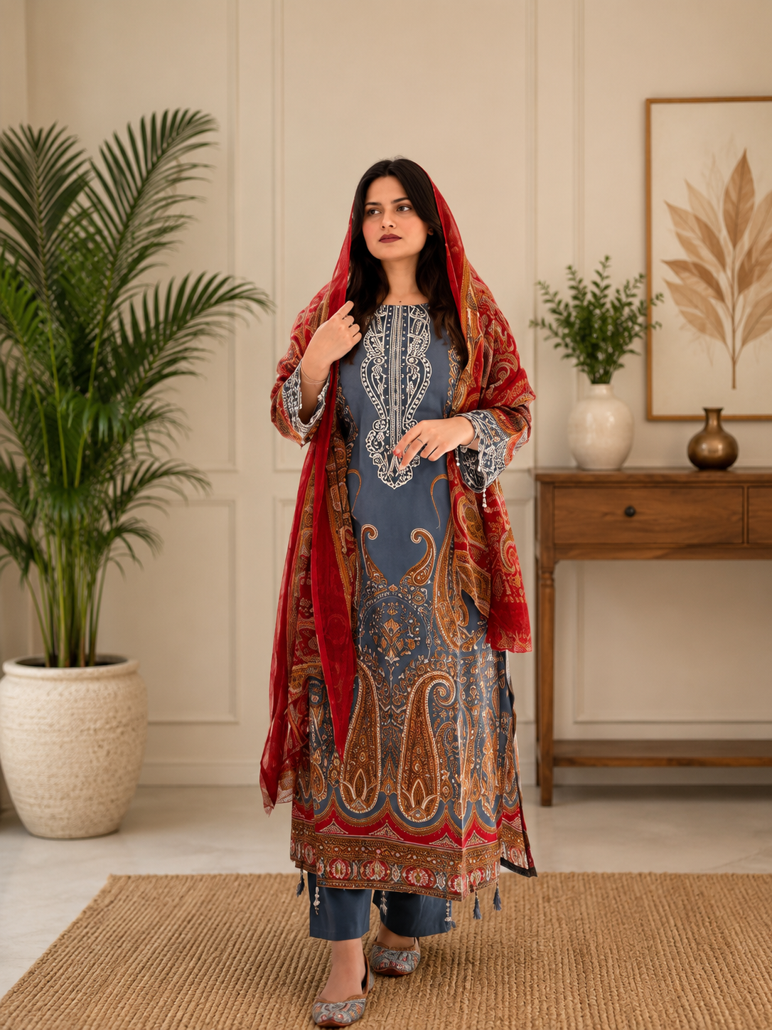 Elegant Blue Printed Chinon Anarkali Suit Set With Diamond Work