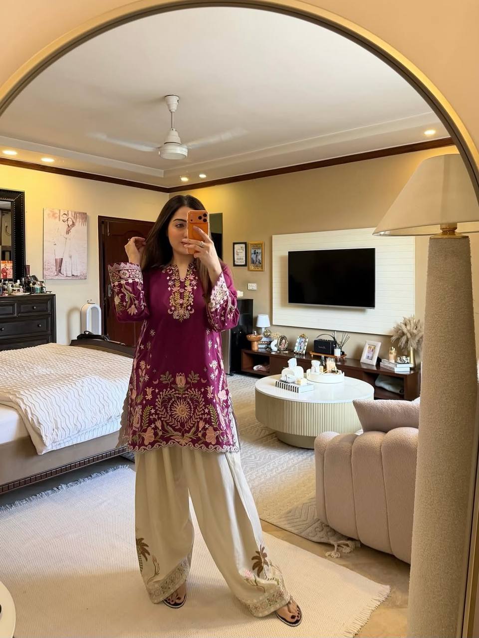 Very Attractive Magenta Floral Embroidered French Crepe Tunic Set