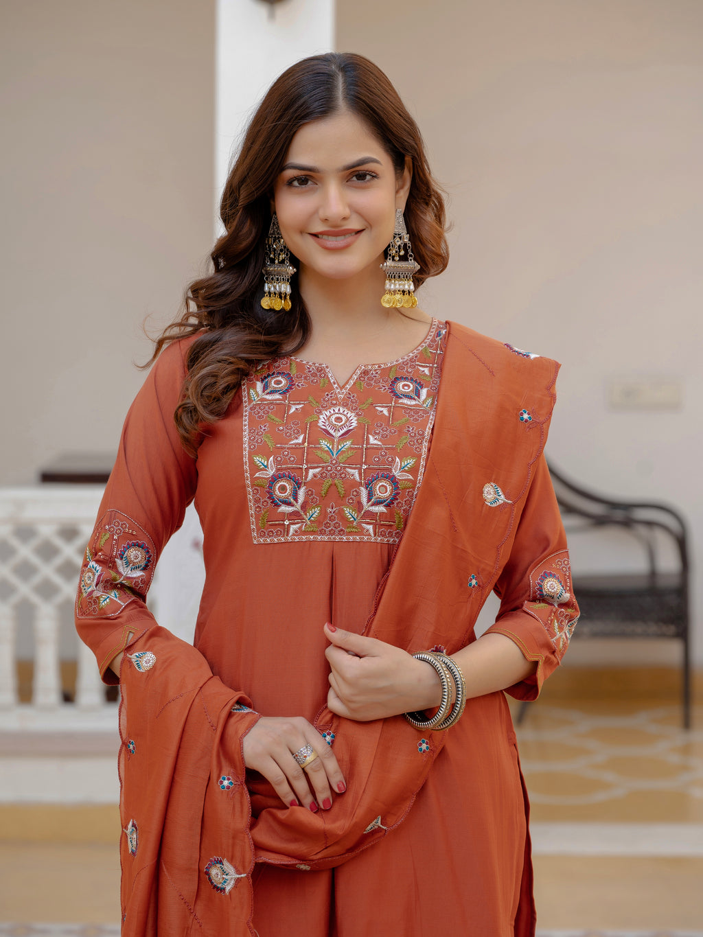 Designer Rust Orange Embroidered Kurta Set with Dupatta