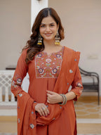 Designer Rust Orange Embroidered Kurta Set with Dupatta
