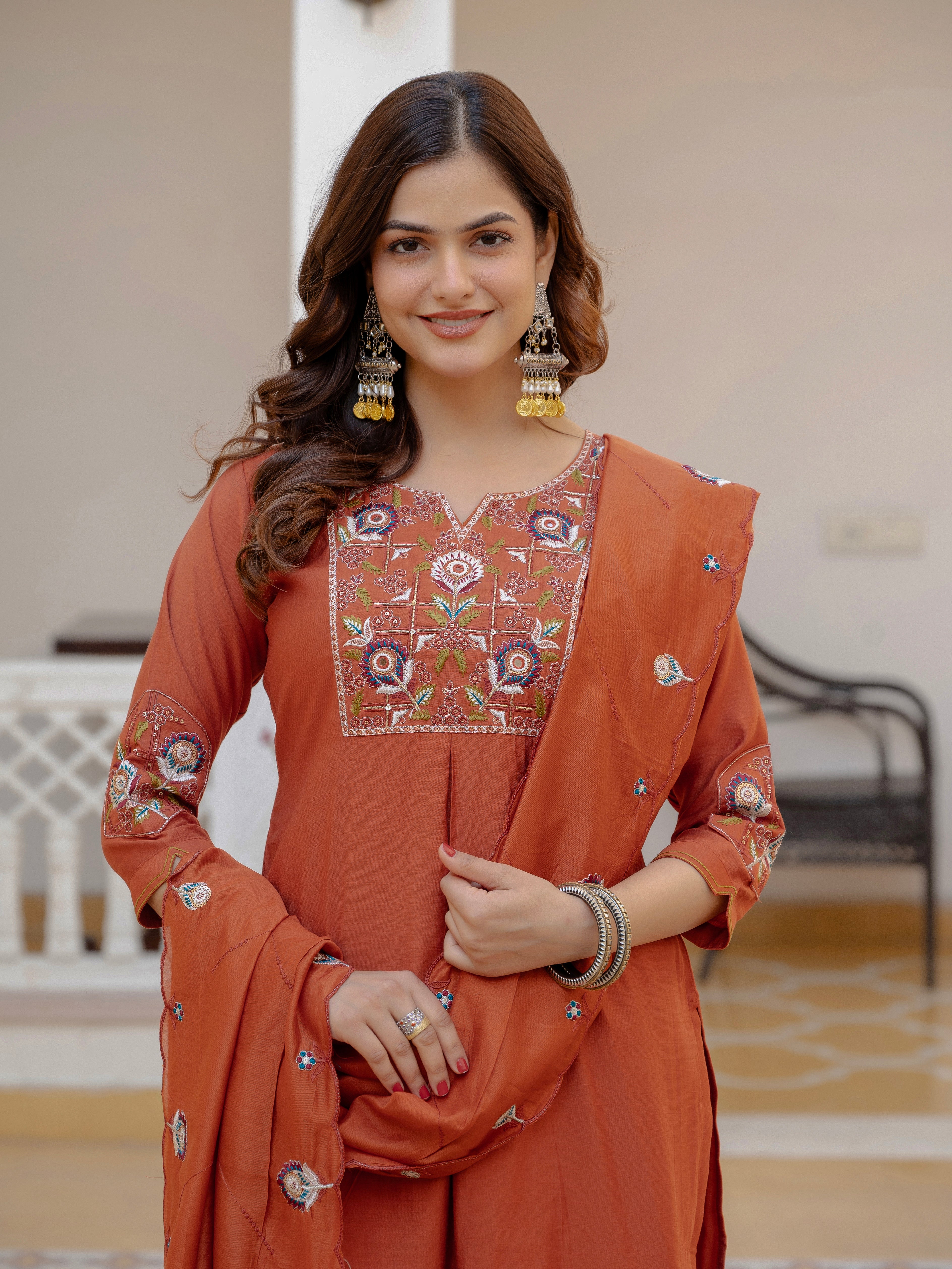 Designer Rust Orange Embroidered Kurta Set with Dupatta