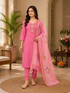 New Designer Light Pink Mul Chanderi Suit Set with Beautiful Hand Work