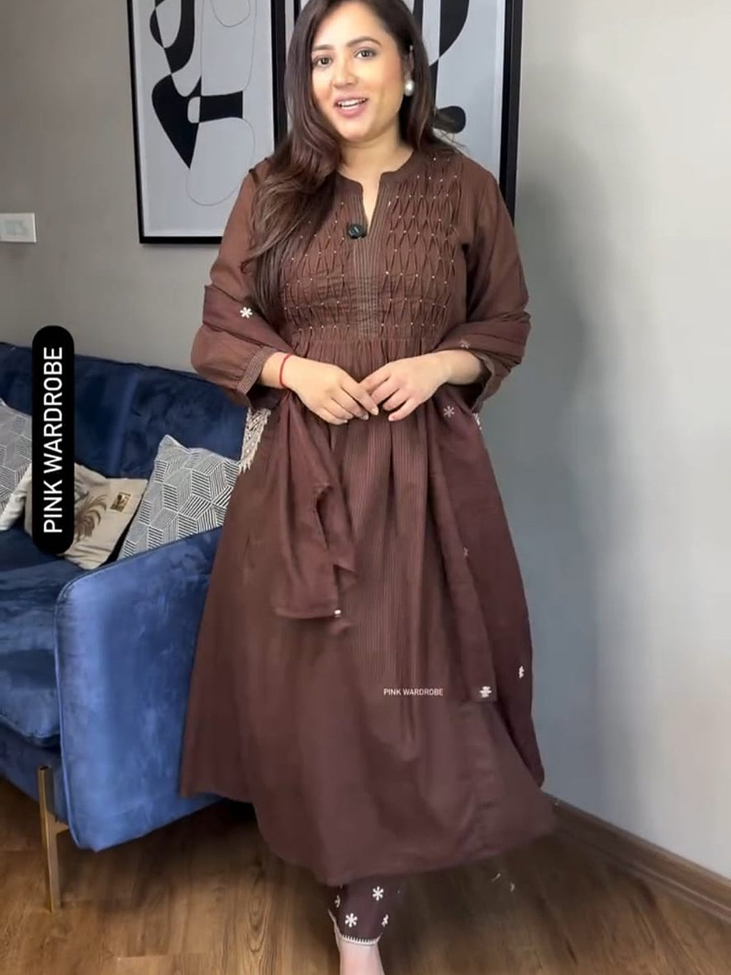 Elegant Brown A-Line Handwork Pure Cotton Suit Set