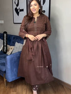 Elegant Brown A-Line Handwork Pure Cotton Suit Set