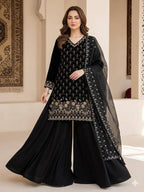Elegant Black Embroidered Fendy Fabric Sharara Set with Sheer Dupatta