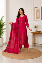 Attractive Rani Pink Pure Cotton Ethnic Suit Set with Hand Block Print Work
