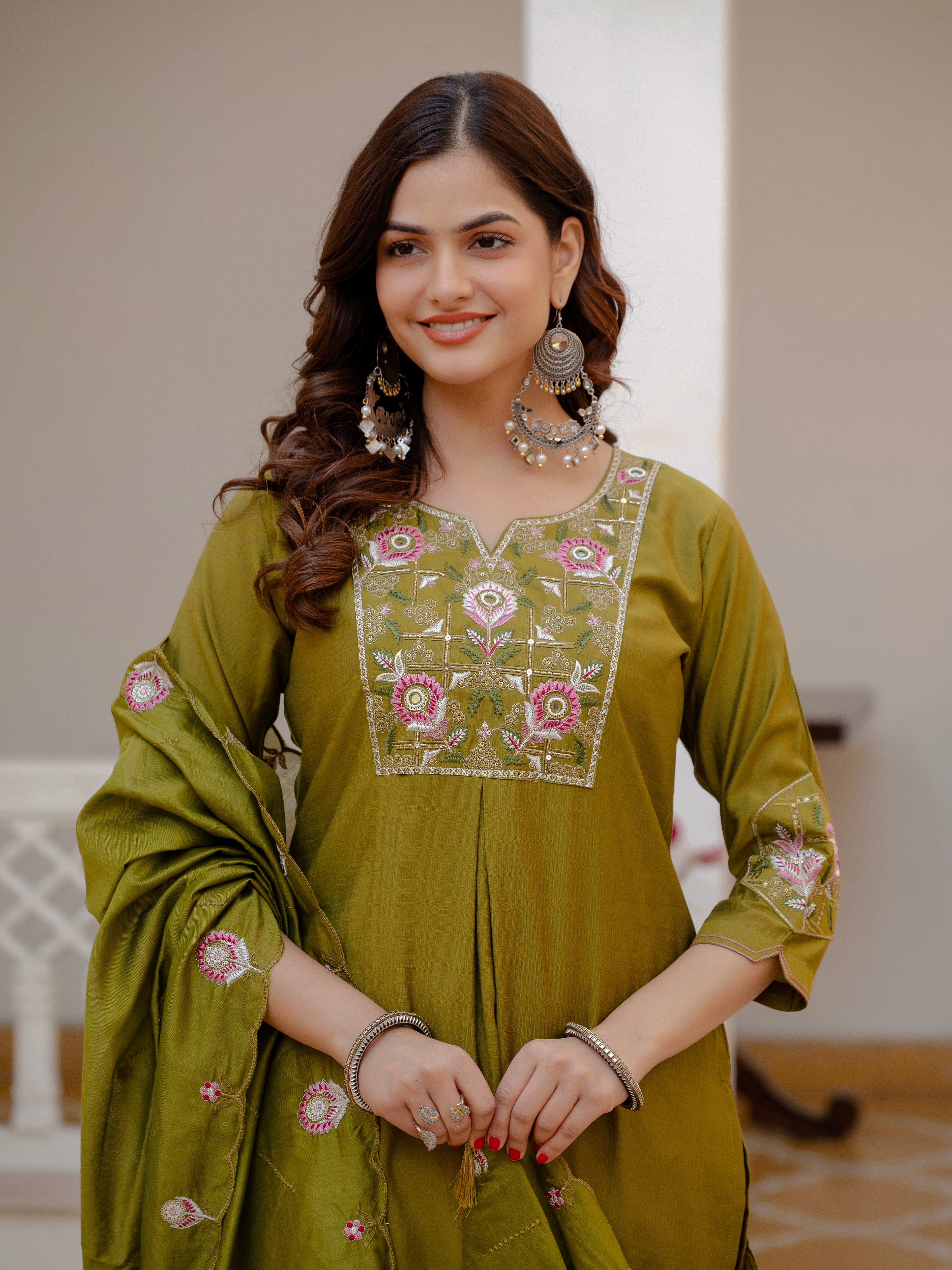 Women’s Olive Green Mango Silk Embroidered Suit Set