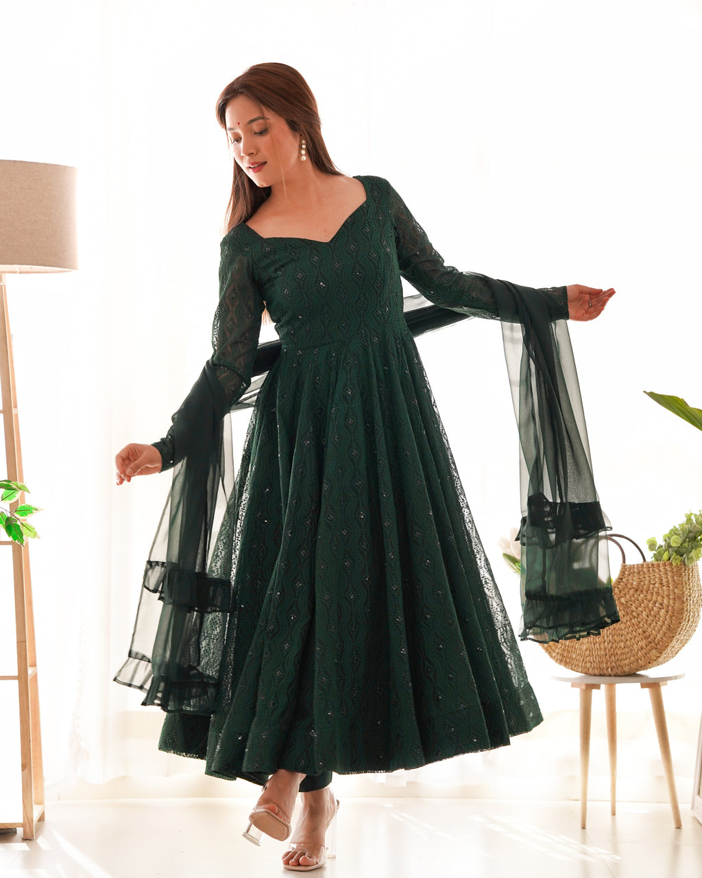 Emerald Grace Soft Georgette Silk Anarkali Suit Set with Ruffle Dupatta