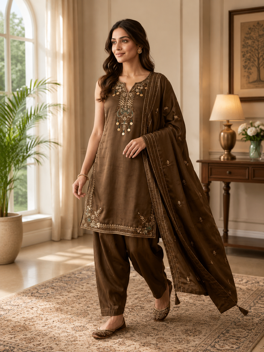 Chocolate Brown Coss Moss Salwar Suit Set with Sequin Embroidery