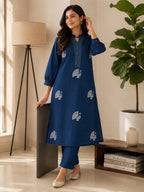 Elegant Indigo Blue Voile Cotton A-Line Kurta Set with Peacock Thread Embroidery
