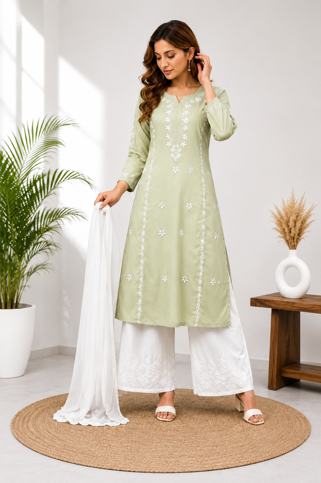 Elegant Sage Green Rayon Embroidered Suit Set With Dupatta