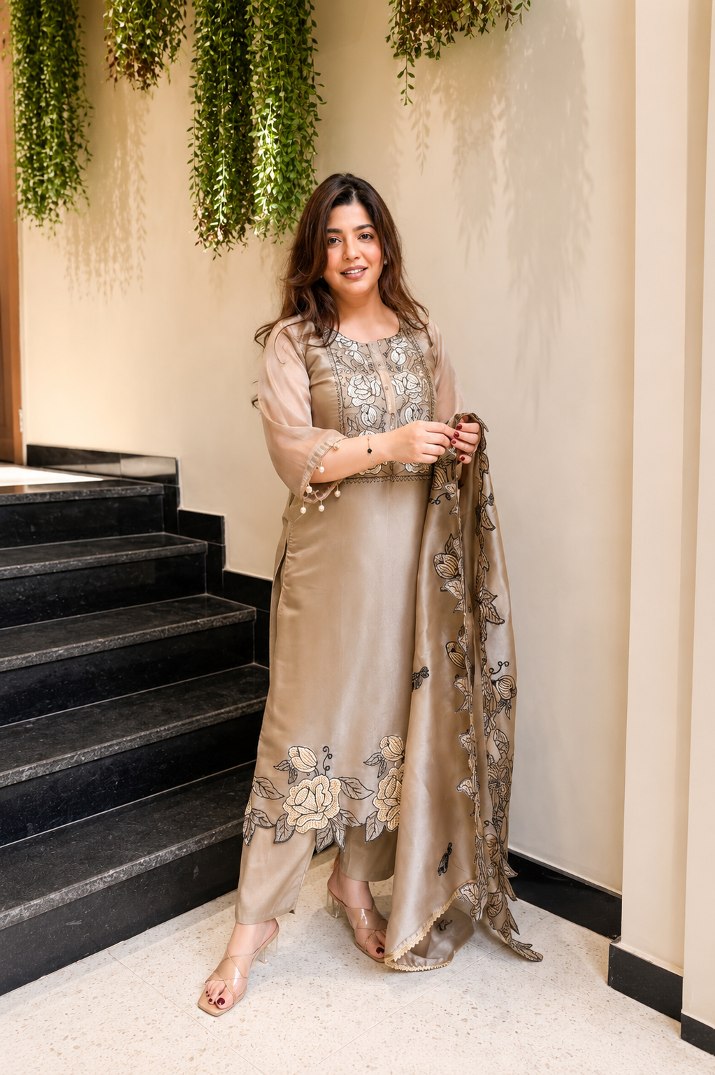 New Designer Jimmy Choo Silk Embroidered Suit Set with Dupatta