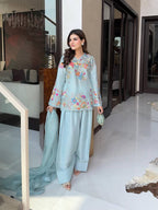 Elegant Modern Ice Blue Embroidered Crape Silk Suit Set with Organza Dupatta